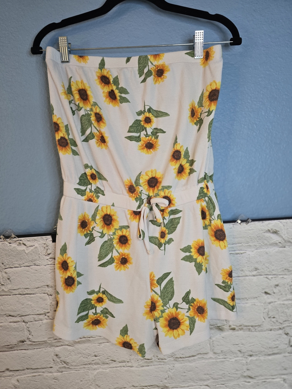 Sunflower Print Strapless Romper - White & Yellow Sz M